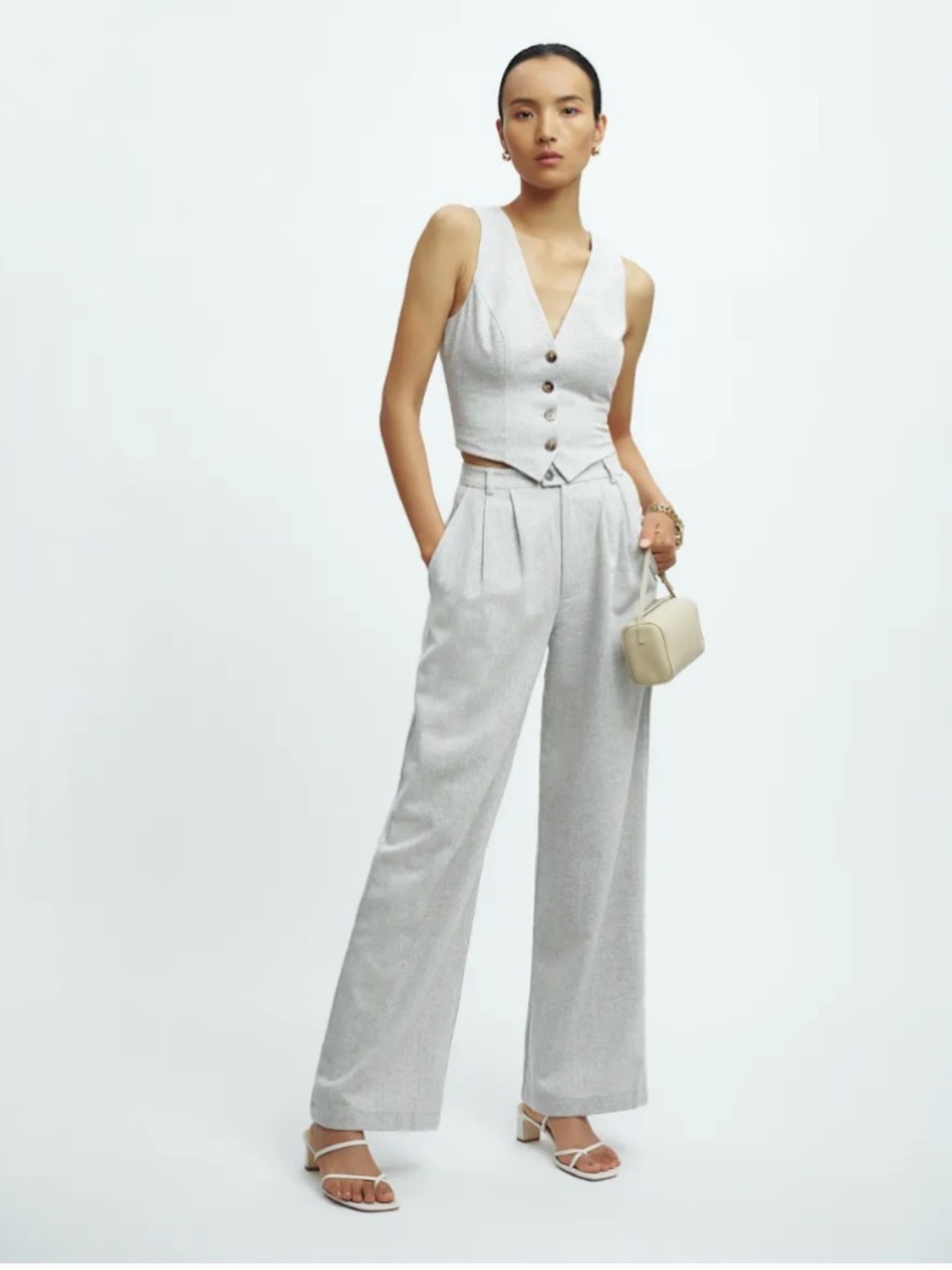 Reformation Montauk Pleated Wide Leg Wool Blend Relaxed Pants Light Grey Size 4